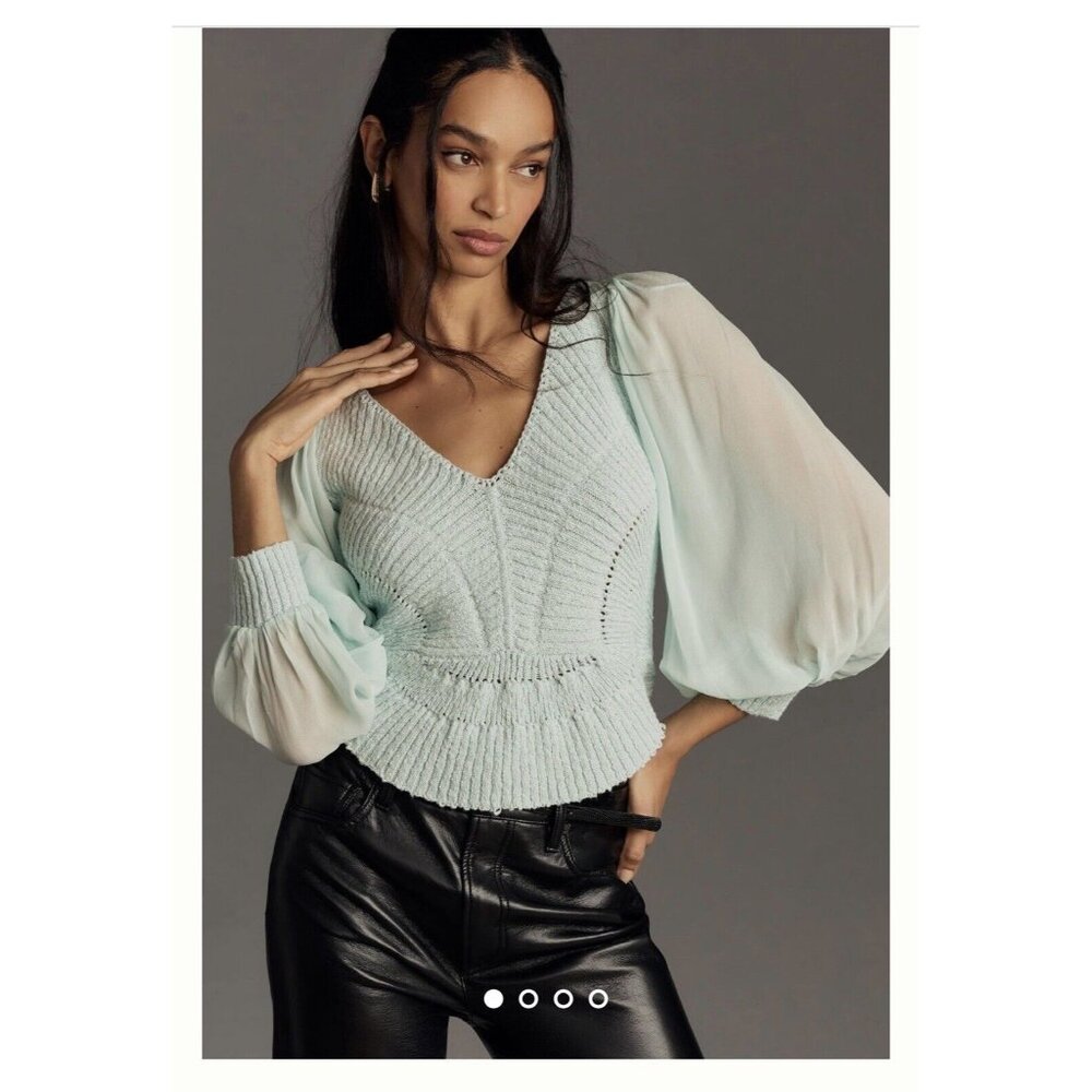 Anthropologie Blue V-Neck Sweater with Balloon Sleeves